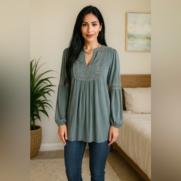 Knox Rose Green Hi-Low Gauze Tunic Crochet Lace Yoke Long Sleeves Large Boho - Picture 10 of 10